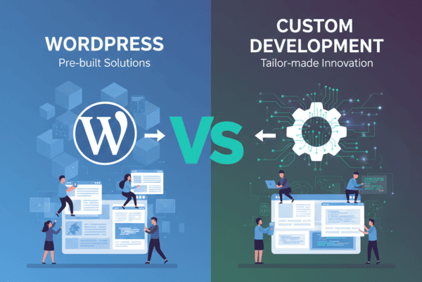 Comparison graphic of WordPress vs Custom Development featuring a WordPress logo on a blue background and a gear icon on a green background with modern UI elements