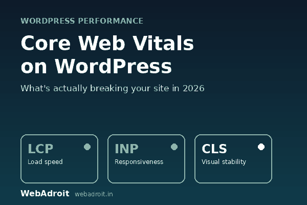 Virtual Assistant for Your Business WordPress Core Web Vitals dashboard illustration showing LCP load speed, INP responsiveness, and CLS visual stability metrics