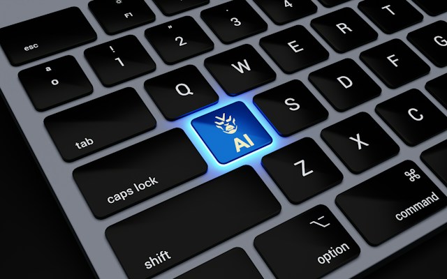 Virtual Assistant for Your Business "Close-up of a laptop keyboard with a glowing blue AI key, overlaid with the text 'Is Your Site Visible to AI?' — WordPress SEO for AI search visibility
